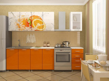 Кухонный гарнитур 1,6м Апельсин (Белый/Оранжевый металлик/Фотопечать апельсин) в Чернаково - chernakovo.mebel54.com | фото